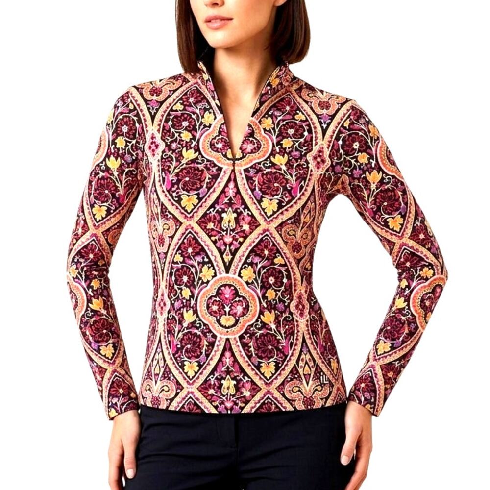 J. McLaughlin Bedford Catalina Top Size XS Long Sleeve 1/4 Zip Black Purple Gold